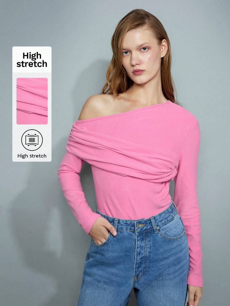 SHEIN Maija Women's Elegant Plain Color Oblique Shoulder Long Sleeve Pleated Casual T-Shirt, Stylish For Daily Wear And New Year, Autumn/Winter Valentines Day Festival