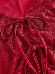 SHEIN MOD V 领荷叶边前系带长袖红色蕾丝衬衫、女式上衣、女式上衣、蕾丝上衣、飘逸上衣、节日、长袖上衣、红色上衣、女式西部风服装、狂欢装、荷叶边上衣 - 紅色 - 查看 4