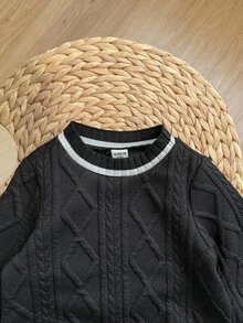 男婴/女婴可爱休闲百搭菱形格子拼接领长袖连体衣，白色，适合春、秋、冬；黑色男婴连体衣；黑色长袖连体衣；男婴麻花针织连体衣 - 黑色 - 查看 4