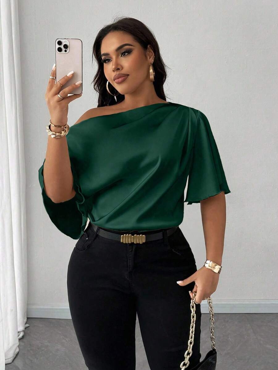 Maweii Camisa verde elegante, casual y cómoda para mujer de talla grande con hombro asimétrico, volantes y manga corta, adecuada para primavera, verano y otoño - Verde - Ver 1