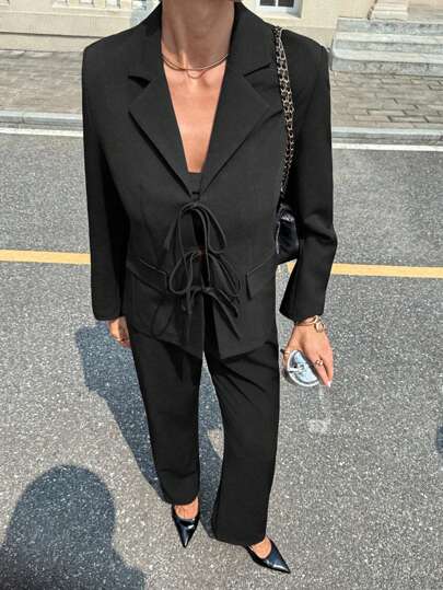 Siren Gaze Fall Black Lapel Neck Long Sleeve Front Tie Casual Blazer, Work/Office Business Casual Women Office, 2025 New Autumn Fashion Must - Have Old Money Style Blazer For Daily Commute, Work, Teaching And More Formal Formal Black