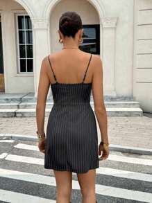 Siren Gaze 女式夏季条纹侧扣吊带连衣裙 - 卡其色 - 查看 2