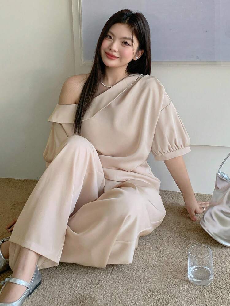 Dazy Plus Plus Size Oblique Placket Off-Shoulder Short Sleeve Pullover Top & Loose Pants Casual Elegant 2 Pieces Set Lounge Sets For Women