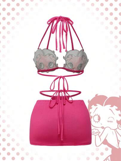 Betty Boop | ROMWE Cartoon Figure Graphic Y2K Sexy Betty Graphic Print Triangle Bralette & Ruffled Waist Low-Waist Super Short Skirt 2 Pieces Set
