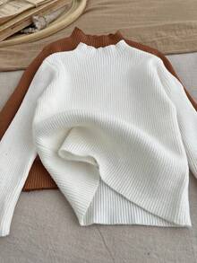 SHEIN LMoss Kids LMoss 多件装女婴高领长袖修身套头衫 - 棕色 - 查看 4