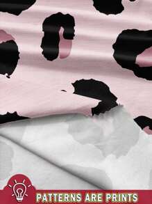 EMERY ROSE Casual Pink Leopard Print Pattern Loose Fit V-Neck Pocket Short Sleeve Plus Size T-Shirt, Suitable For Summer - Pink - View 3