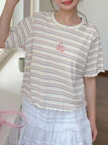 Dazy Plus Cherry Embroidery Striped Crew Neck Fitted Summer T-Shirt
