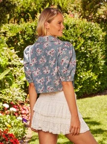 WESTFADE Collared Button Front Short Puff Sleeve Floral Print Denim Crop Top Western Boho Cowgirl Summer Beach Vacation - Light Wash - View 6