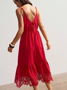 Bohemela Đầm midi không tay thêu bướm họa tiết ren trơn màu phong cách Boho Beach thanh lịch dành cho nữ - Đỏ - Xem 4