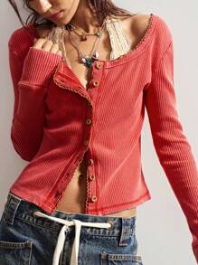 Bohemela 女式休闲纯色纽扣前长袖 T 恤 - 紅色 - 查看 3