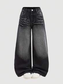 Y2K Tween Girls' Wide Leg Low Waist Jeans, Comfortable Elastic Waistband, No Zipper For Easy Wear, Back Pocket With Rhinestone Cross Pattern, Vintage Rockstar Street Style Essential For Halloween & Christmas - Black - View 1