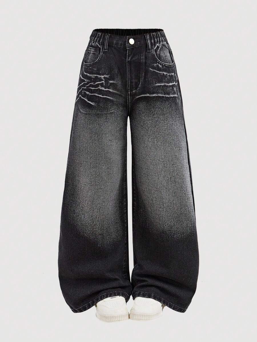 Y2K Tween Girls' Wide Leg Low Waist Jeans, Comfortable Elastic Waistband, No Zipper For Easy Wear, Back Pocket With Rhinestone Cross Pattern, Vintage Rockstar Street Style Essential For Halloween & Christmas - Black - View 1