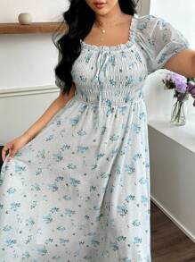 Modelyn Women's Mint Blue Floral Print Elegant Romantic Square Neck Lantern Sleeve Plus Size Dress - Multicolor - View 6