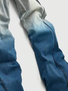 ROMWE MEN Street Life Men's Gradient Color Zipper Pocket Flared Jeans - Blue - View 5