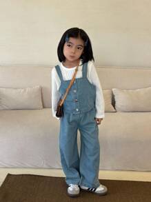 SHEIN Bộ 3 món cho bé gái mùa thu, gồm áo cổ tròn tay dài đơn giản, áo tank top dây đeo kiểu cao bồi thời trang và quần cao bồi may thủ công, thích hợp mặc hàng ngày như đi chơi và nghỉ mát mùa xuân và mùa thu. - Nhiều màu - Xem 5