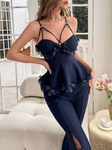 SHEIN 奢华花卉刺绣拼布开衩女式针织提花睡衣套装 2 件套