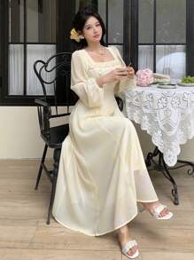 Modelyn 女士3D花卉腰部收腰黄色连衣裙 - 黃色 - 查看 6
