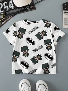 BATMAN X SHEIN 男童休闲蝙蝠与卡通图案圆领短袖T恤，夏季 - 白色 - 查看 2