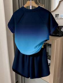 INAWLY Women's Casual Ombre Letter Print T-Shirt And Shorts Set, Summer