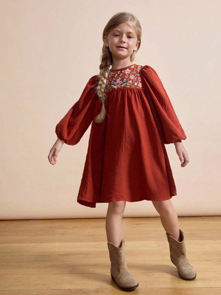 SHEIN Vestidos de manga larga bordados para niñas, otoño - Multicolor - Ver 1