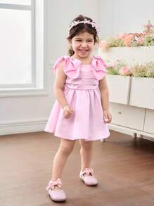 Elegantes Sommerkleid für Mädchen mit süßem Farbblockdesign und Satin-Schleifenverzierung - Pink - Übersicht 3