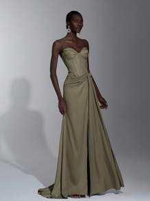 Elitara Elegant Lotus Lace Patchwork Satin Strapless Dress With Sheer Bust, Ruched Waist, Cascading Ruffles And Fishtail Hem, Suitable For Vacation, Date, Birthday Party, Wedding, Graduation, Formal Gala, Valentine's Day - Army Green - View 6