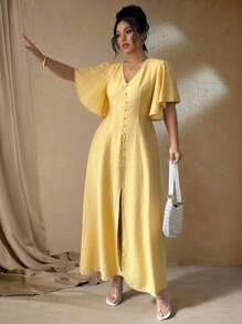 Roveilla 大码女式法式优雅休闲度假下午茶波西米亚风 V 领纽扣装饰 A 字开衩泡泡袖长裙，春夏