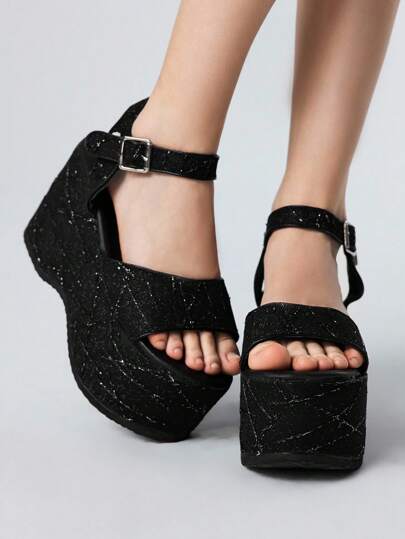 Women's Black High Heel Sandals, Peep Toe Crystal Embellished Dressy Shoes, Y2K Sweet/Punk Rock/Gothic Style, Suitable For Going Out And Vacation, Halloween