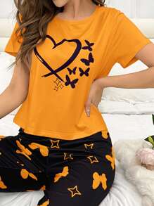 SHEIN 女士休闲蝴蝶和心形印花短袖睡衣上衣 - 黃色 - 查看 6