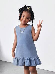 小女孩蓝色牛仔无袖短款荷叶边连衣裙，女童春夏休闲度假乡村波西米亚风装，女童沙滩装，女童西部街头装，春假装，狂欢装节日牛仔连衣裙 - 淺色水洗藍 - 查看 2