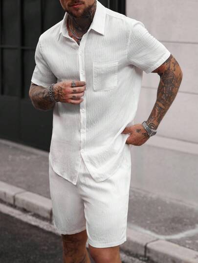 Manfinity CasualCool 男士纯色简约日常短袖衬衫短裤套装男白色亚麻两件套男士两件套夏季男白色2件短裤套装