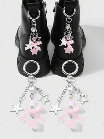 Kawaii 2pcs Fashionable Versatile Delicate High-End Pink Resin Ribbon Bow, Faux Pearl, Heart & Hollow Star DIY Shoe Clips, Decorative Accessories Combo Set, Suitable For Women, Girls, Daily Wear, Holiday Gifts