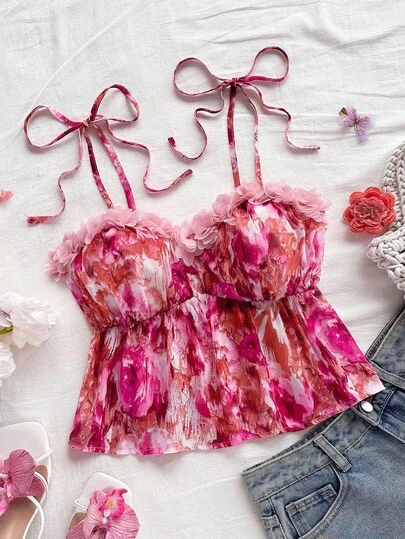 Soleia Women's Tie-Dye Floral Decor Chiffon Halter Crop Top, Suitable For Holiday, Date, Afternoon Tea, Beach, Cruise, City Vacation, All Seasons, Music Festival, Boho Vacation Babydoll Top Floral Tie Strap Top Pink Top Floral Top Back To School, Back To School Season, Graduation Season