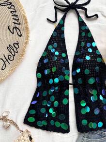 Soleia Sexy V-Ausschnitt Träger-Camisole mit rückenfreiem Bindebund und Fake-Schuppen-Dekor für Frauen, geeignet für Urlaub, Date, Nachmittagstee, Reise, Musikfestival, Boho-Stil, Küste, Strand, Sommer - Schwarz - Übersicht 6