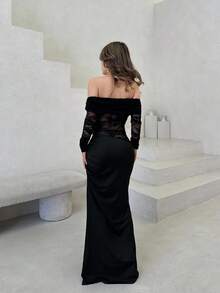 Jemour 女士优雅性感简约时尚 Fatale Charm 情人节新年聚会约会露肩纹理网眼透明褶皱低腰紧身红色长袖连衣裙 - 黑色 - 查看 2