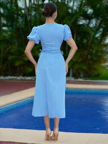 Andrea Bello 2025 Summer Wedding French Blue Regular Shoulder Puff Sleeve Ruched Waist Tie Side Fitted Elegant Romantic Vacation Dress