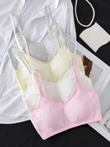 4pcs Baju Terusan Anak Perempuan Warna Polos Lucu dengan Hiasan Renda, Bahan Katun Lembut Nyaman, Model Pendek dengan Bantalan, Cocok untuk Pakaian Kasual, Kembali ke Sekolah - MultiWarna - View 1