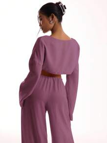 MUSERA 亚麻质感系带宽袖沙滩上衣，度假波西米亚风，春季性感优雅，伊比沙岛度假必备，优雅夏季 - 紫色 - 查看 2