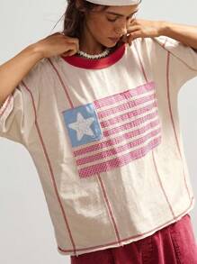 Bohemela 女式休闲落肩宽松拼色T恤，夏季