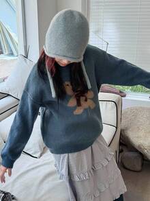 DAZY Tween Girls Casual Loose Cartoon Bear Pattern Long Sleeve Pullover Sweater