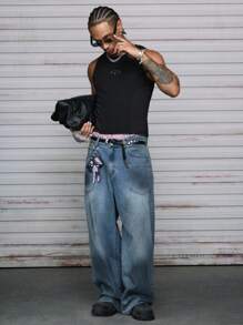 AXEPEAK 男士几何印花圆领休闲黑色背心，夏季 - 黑色 - 查看 4