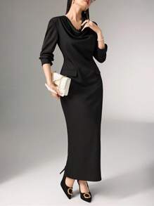 Heiryn Elegant Commuter Solid Color Draped Neck Dress