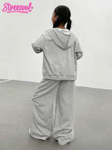 Minimalist Fashion Tween Girl Plain Long Sleeve Zip Hooded Jacket & Wide Leg Pants Casual Suit Fall Winter - Grey - View 2