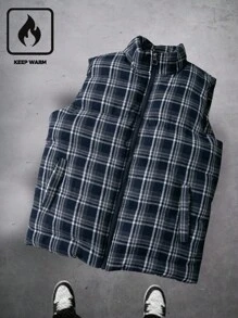 Manfinity Homme 男士秋冬无袖格子休闲开衫，立领加厚背心，加厚格子背心男士背心男士外套背心男士冬季背心，2000 年代风格 - 藍色 - 查看 5
