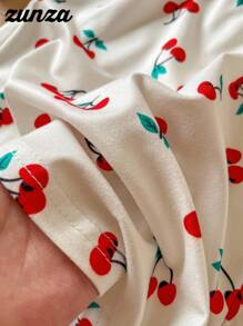 2 件套青少年女孩樱桃印花紧身短款上衣和宽松松紧腰休闲短裤套装，度假夏季服装 - 杏色 - 查看 6