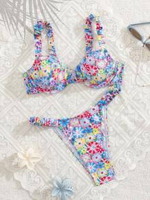 Swim Mod Sexy Ditsy Floral Thick Strap Underwire Push-Up Bikini Set, Summer Vacation - Multicolor - View 1
