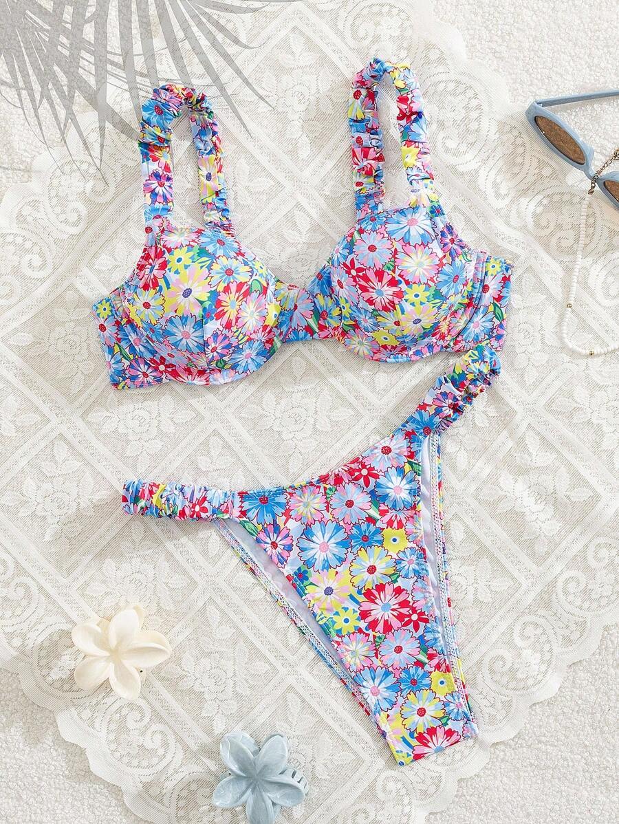 Swim Mod Sexy Ditsy Floral Thick Strap Underwire Push-Up Bikini Set, Summer Vacation - Multicolor - View 1