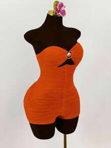 Amplova Plus Size Shell Metal Decor Breast Ruched Bodysuit Romper - Orange - View 5