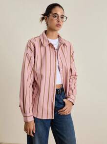 INAWLY Women's Casual Everyday Striped Front Button Down Oversized Shirt Fall Cloth For Women - Pink - View 4