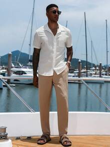 Manfinity Homme Quần dài thường ngày xếp ly túi đơn sắc cho nam - Màu be - Xem 3